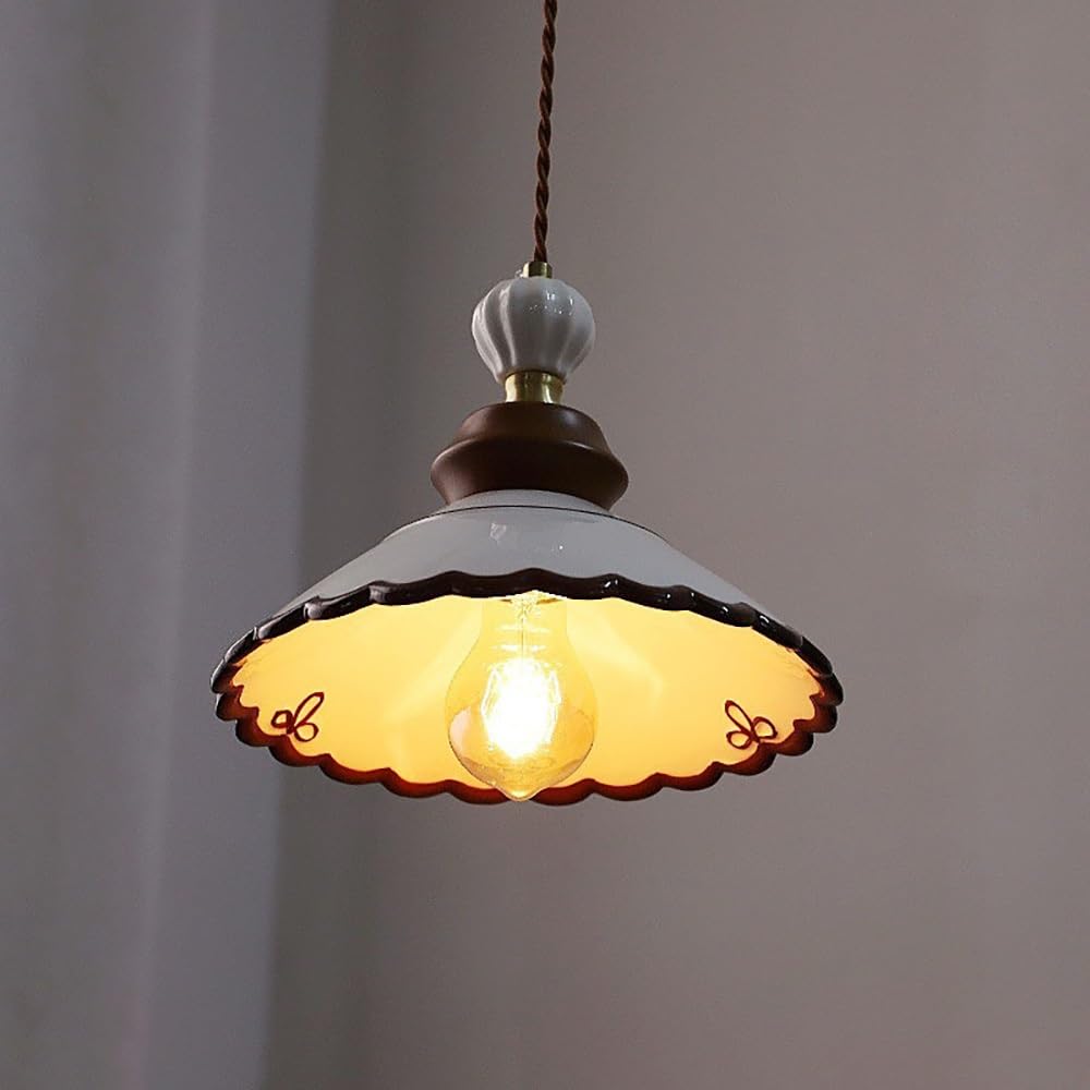 COSRUB Scalloped Ceramic Chandelier, White Porcelain Hanging Lamp with Wave Brown Trim Vintage Farmhouse Hand Painted Cone Pendant Lights for Bedside Living Room(24.5cm/9.64in)