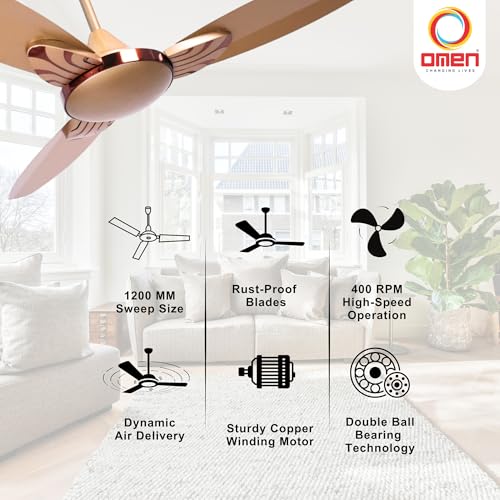 Image of Omen Changing Lives 1200mm Falcon Prime Ceiling Fan | Powerful & Decorative Fan with Elegant Design | High Air Delivery 210 m /min | 400 RPM Speed | BEE Star Rated | 2-Year Warranty (Golden)