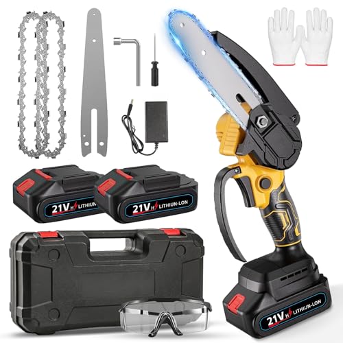 Mini Chainsaw Cordless 6 Inch, High Power Brushless Motor, Twin 21V 3.0Ah Batteries & 2 Chains, Lightweight 1.1kg, Safety Lock Included, Tree Branch Cutter, Garden Tool (Yellow)