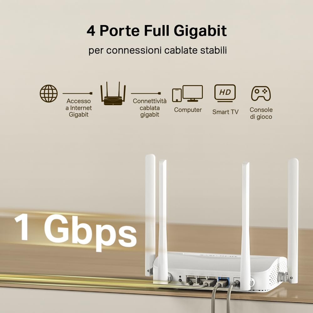 Mercusys TP-Link MR25WBE Router WiFi 7 BE3600Mbps Dual-Band, 4 Porte Gigabit, 4 Antenne Ad Alto Guadagno, Canali 160MHz, 4K-QAM, MLO, Sicurezza WPA3, Controllo da APP, VPN, non supporta xDSL