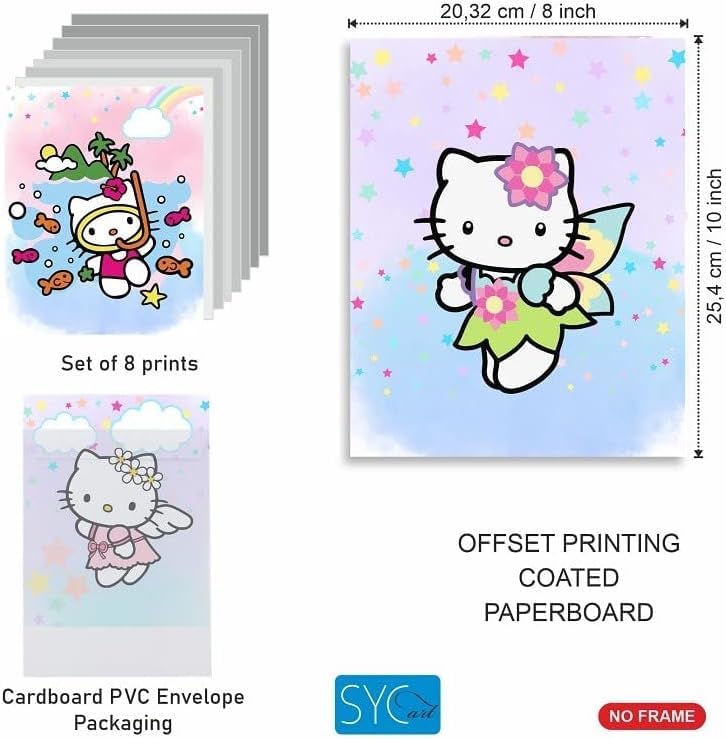 SYCART® Hello Kitty Wall Art Poster Prints, Posters for Girls Room, UNFRAMED Set of 8 ( 8x10 inches ), Kitty poster for girls bedroom, Kids Nursey Room decor, HelloKitty Decorations, Hello Kitty Watercolor poster