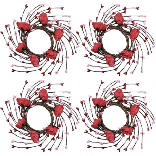 Yigney 4 Pcs Valentine’s Day Rose Candle Rings Artificial Flowers Wreaths with Berry Floral Valentine’s Day Decorations for Home Party Table Centerpiece
