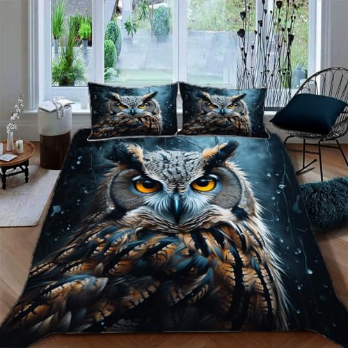 Ruiqieor Bettwäsche 135x200cm,Verschneite Nacht Eule Motiv Bettwäsche Set 3teilig,1 Bettbezug+2 Kissenbezug 80x80 cm,3D Tier gedruckte Kinder...