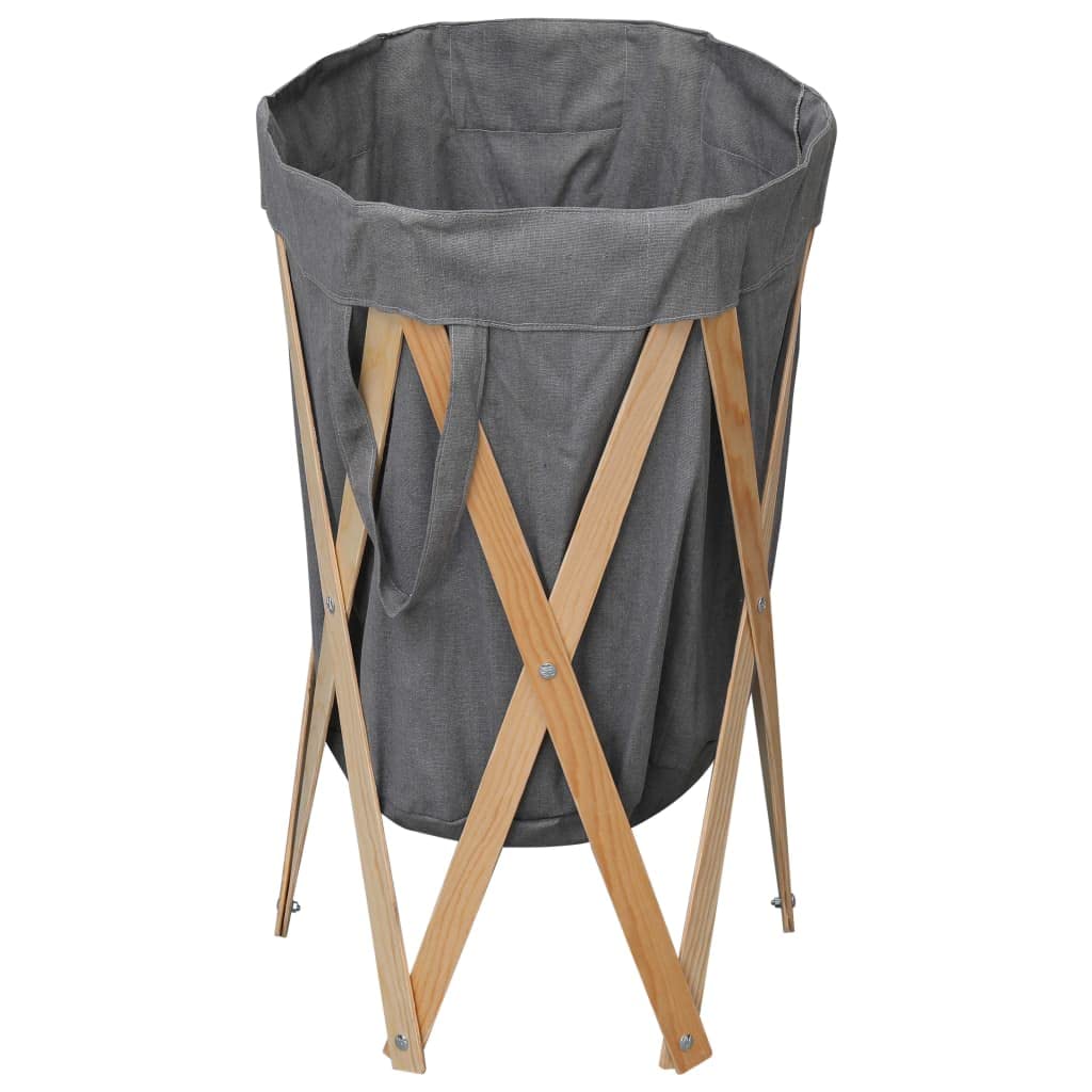Faltbarer Wäschekorb Grau Holzrahmen Stoffbeutel Pappelholz Canvas 42 x 70 cm für Schlafzimmer und Badezimmer