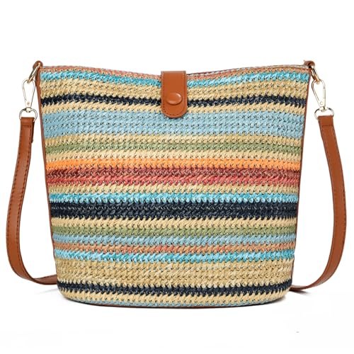 ALARION Straw Crossbody Bags for Women Summer Woven Beach Bag Raffia Shoulder Bag Leather Straps Straw Clutch Purse Vacation