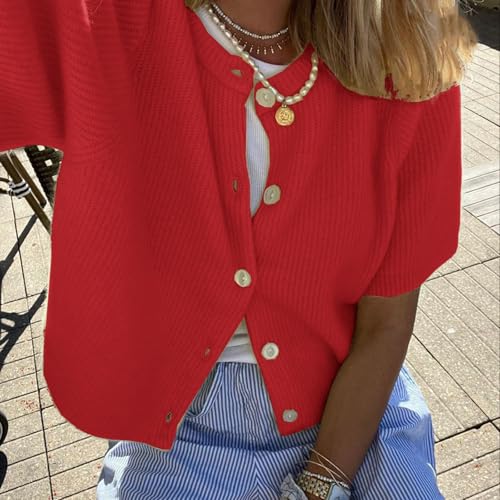 Image of Women Y2K Knit Cardigan Short Sleeve Crewneck Solid Color Button Down Tops Casual Going Out Sweater Streetwear