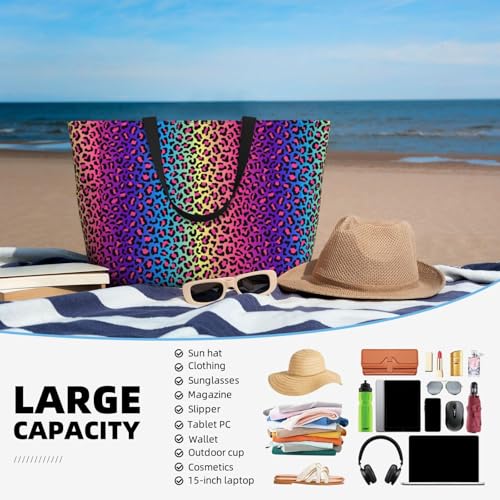 Large Beach Bags for Women Sandproof - Leopard Neon Rainbow Print Summer Work Travel Tote Bags with Zipper4