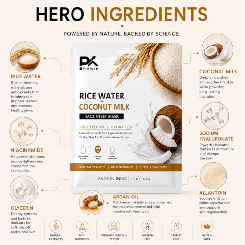 Image of Rice Water & Coconut Milk Face Sheet Mask for Glowing Skin | Niacinamide, Sodium Hyaluronate & Argan Oil | Brightening & Deep Hydration | Paraben-Free, Vegan | All Skin Types | 20g