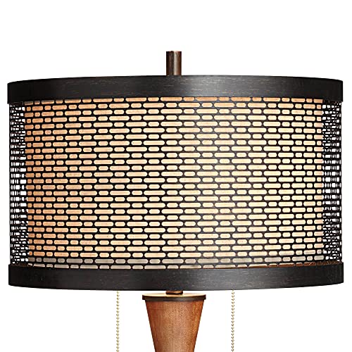 Franklin Iron Works HY17LP0122 Hunter Rustic Farmhouse Table Lamp 29 3/4 Inch Tall Cherry Wood Bronze Metal Outer Tan Fabric Inner Drum Shade thumb #6