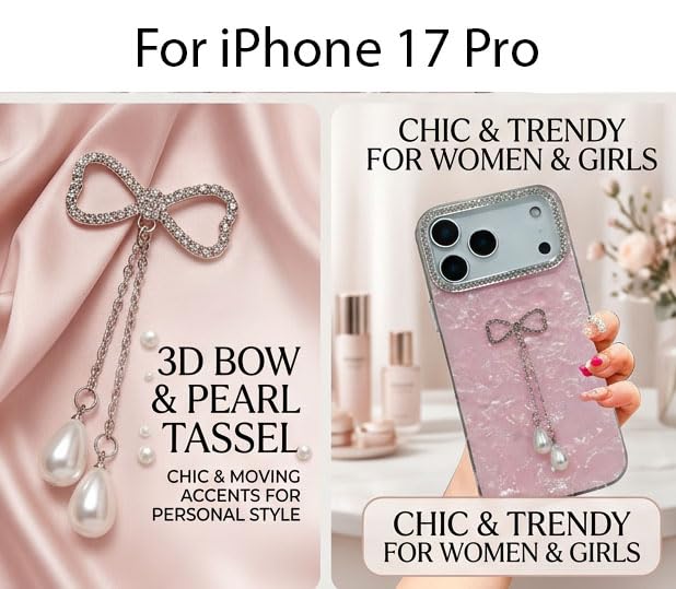 Image of mobistyle Compatible with iPhone 17 Pro | Shell Pattern with Bow Tassel and Daimond Camera Lens Protection Back Cover Case for Women Girls iPhone 17 Pro (Pink)