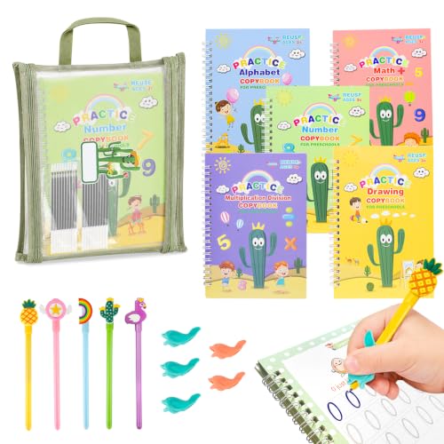 Image of Large Reusable Grooved Handwriting Practice Workbooks for Kids Ages 3-8 Magic Disappearing Ink & 3D Groove Preschool Kindergarten Children Writing Books 5-Book Set with Pen Grips