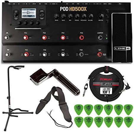 Line 6 POD HD 500X Guitar Multi-Effects Processor with Tripod Guitar Stand, Tuner, Instrument Cable, String Winder, and Guitar Picks Bundle (6 Items)