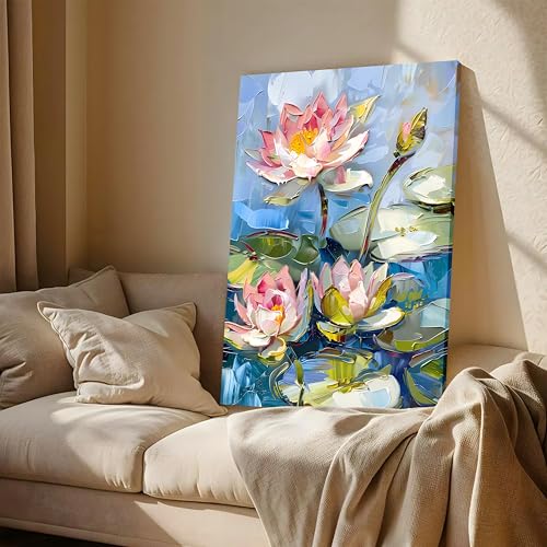 Image of PAINTINGMANTRA Lotus Flower Canvas Wall Art Painting for wall decoration, Lotus Flower Pond Floral Stretched Canvas for Living Room, bedroom, Home and Office, 16x22 Inch