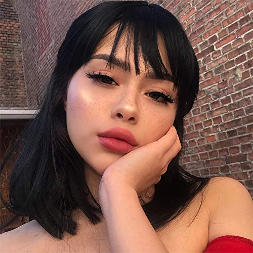 Short Bob Wigs with Bangs Straight Wigs Natural Black Short Wig for Sweet Girl Heat Resistant Synthetic Hair Replacement Wig for Women