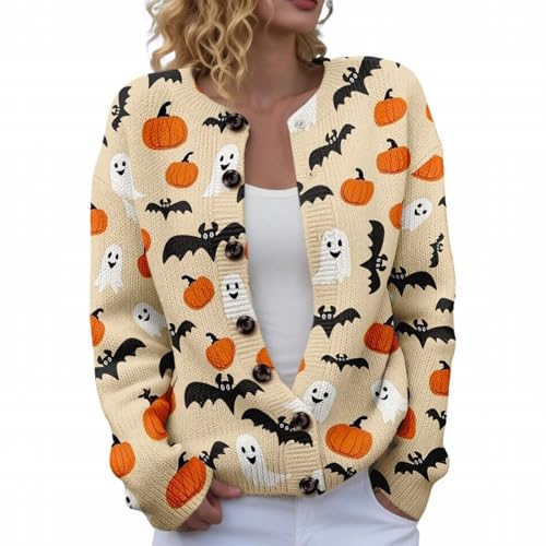 Halloween Sweaters for Women Spooky Ghost with Pumpkin Graphic Cardigan Casual Fall Long Sleeve Button Knit Sweater