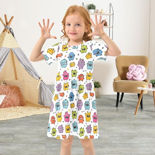 Monster Hand Drawn Pattern Toddler Dress Girls Summer Short Sleeve T-Shirt Dress Casual Outfit4