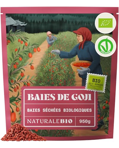 NaturaleBio Baies de Goji 950 g. Fruit séché traditionnel chinois. Végan, riche en fibres. En-cas biologique, sans OGM et sans gluten.