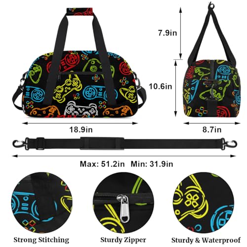 Kids Overnighter Duffel Bags for Boys Girls, Games Joystick Carry-On Size Sports Gym Bag with Front Zipper Pocket for School Practice or Overnight Travel Weekender Sleepover Tote Bag2