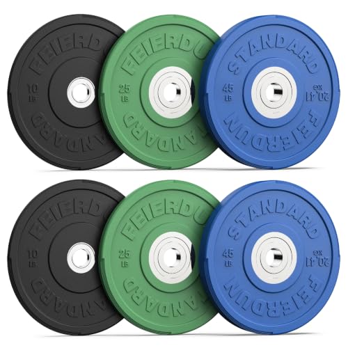 Image of FEIERDUN Color Bumper Plate Set, 2-Inch Olympic Weight Plates, Low Bounce Rubber Barbell Plates with Stainless Steel Insert for Weightlifting, Strength Training, CrossFit & Home Gym, 10LB-370LB