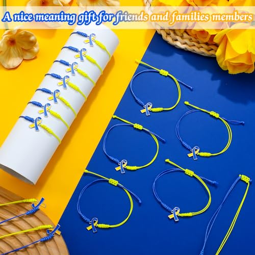 Sasylvia 20/50/100 Pcs Blue Yellow Down Syndrome Awareness Bracelets Adjustable Cord Stretch Bracelets Childhood Down Syndrome Awareness Month Prevention Gifts for Women Men Jewelry3