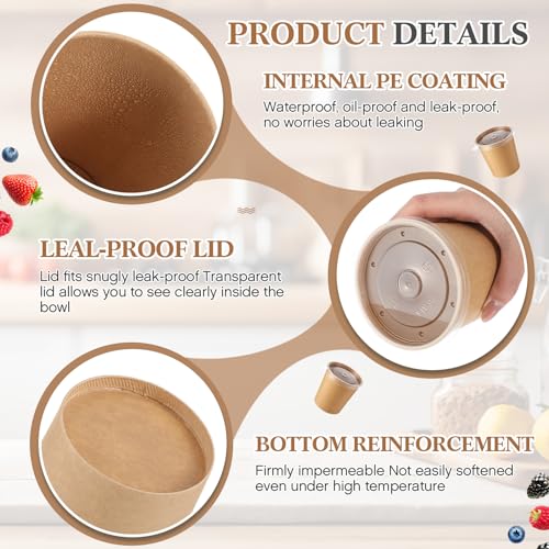 Image of Sabary 50 Pack 24 oz Paper Soup Containers with Lids, Disposable Brown