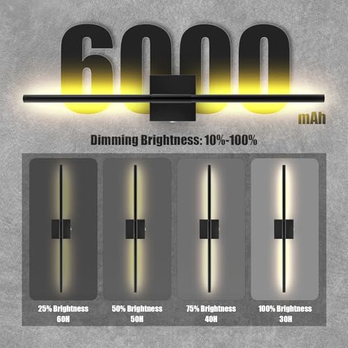 Image of Battery Operated Wall Sconces Set of 2 Rechargeable LED Wall Lights, Dimmable 3000K-6500K, Battery Sconces Wall Decor for Bedroom Living Room Hallway（com (Black, 27 INCH)