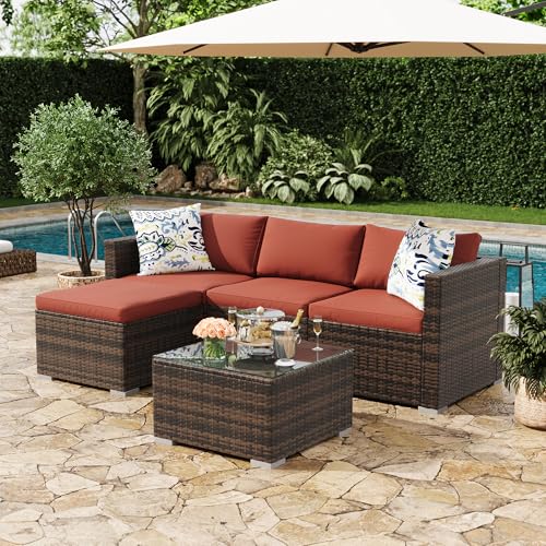Image of GAOMON 5-Piece All-Weather Patio Furniture Set, Convertible Outdoor Sectional Sofa with Ottoman & Tempered Glass Table, PE Rattan Conversation Set for Garden, Backyard, Porch, Poolside