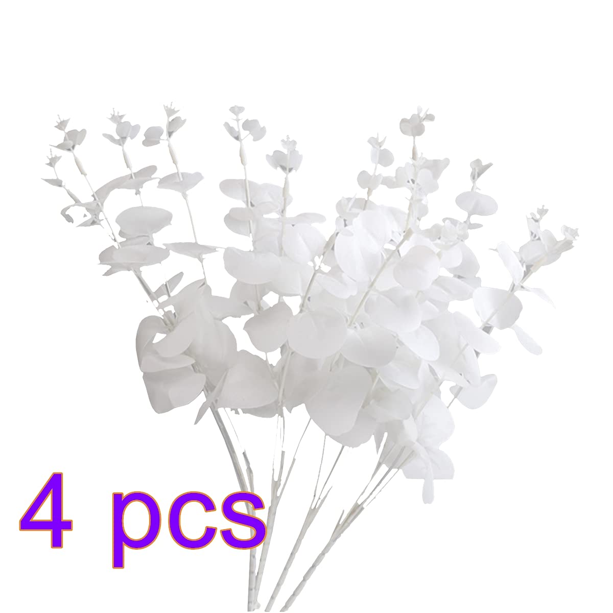 Firlar 4 Pcs Artificial Eucalyptus Stems, 19.7 Inch Faux White Eucalyptus Leaves Branch Artificial Eucalyptus Bouquet with 4 Main Stem Fake Silver Dollar Foliage Bush for Home Wedding Vase Decor