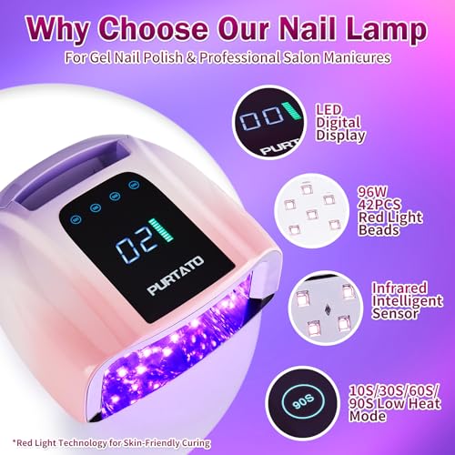 Image of PURTATO Professional Rechargeable 96W UV LED Portable Cordless UV Light for Nail Lamp Machine with Removable Stainless Steel Bottom,4 Timer Setting and Smart Sensor Nail Dryer (Purple&Pink)