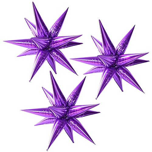 Image of 3pcs 26inch 3D Explosion Star foil balloon, purple Foil Cone Starburst Balloons for Birthday Wedding New Year Party Event