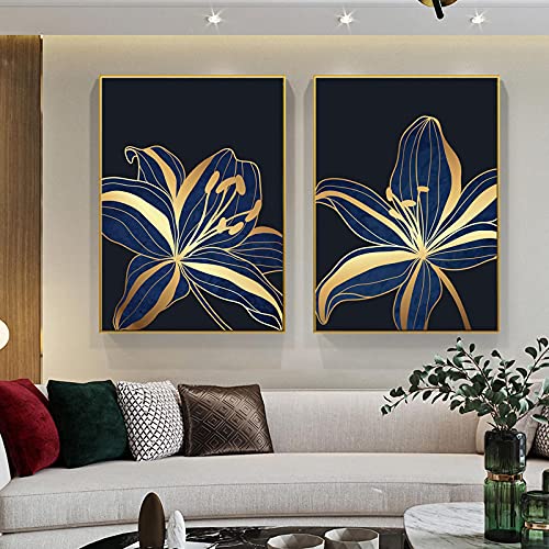 Affiches et impressions fleurs dorées salon triptyque abstrait bleu