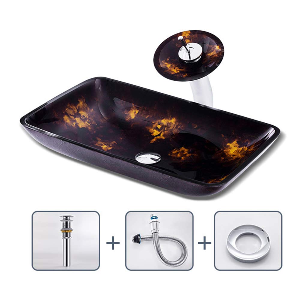 TIANQIHAO Artistic Glass Vessel Sink Bathroom Sink Vanity Rectangular Round Boat Shape With Waterfall Faucet Combo,Wash Basin,C,Wash Basin-C