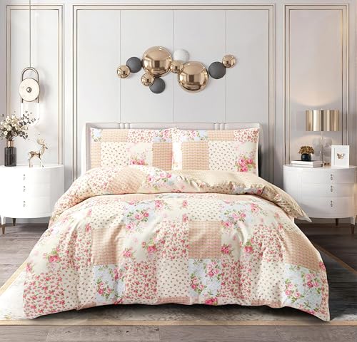 Patchwork Floral Duvet Cover Set, Microfibre Bedding with Pillowcases, Vintage Style Pattern, Machine Washable (Meadow, Double)