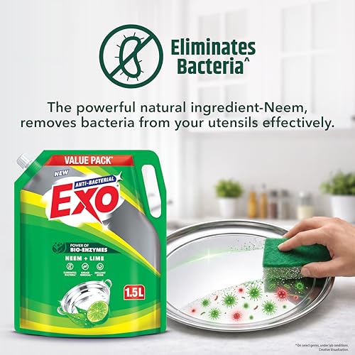 Image of Exo Anti-Bacterial Liquid Dishwash Gel - 1.5L Value Pack | Anti-Bacterial Formula with Neem & Lime for Sparkling Clean Utensils | Powered with Bio Enzymes for Tough Grease Removal & Brilliant Shine
