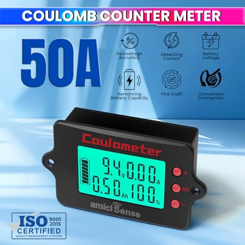 Image of amiciSense Coulomb Counter Meter 8-120V 50A - True Battery Capacity Meter with Bi-Directional Detection, Voltage /Current /Ah Display, Splash-Proof Panel - Compatible with Lithium, Lead-Acid & More
