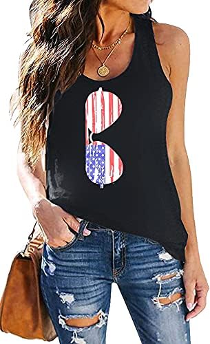 Women's Merica Flag Tank Top – USA Flag & Sunglasses Graphic, Soft Cotton Blend, Summer Sleeveless Tee