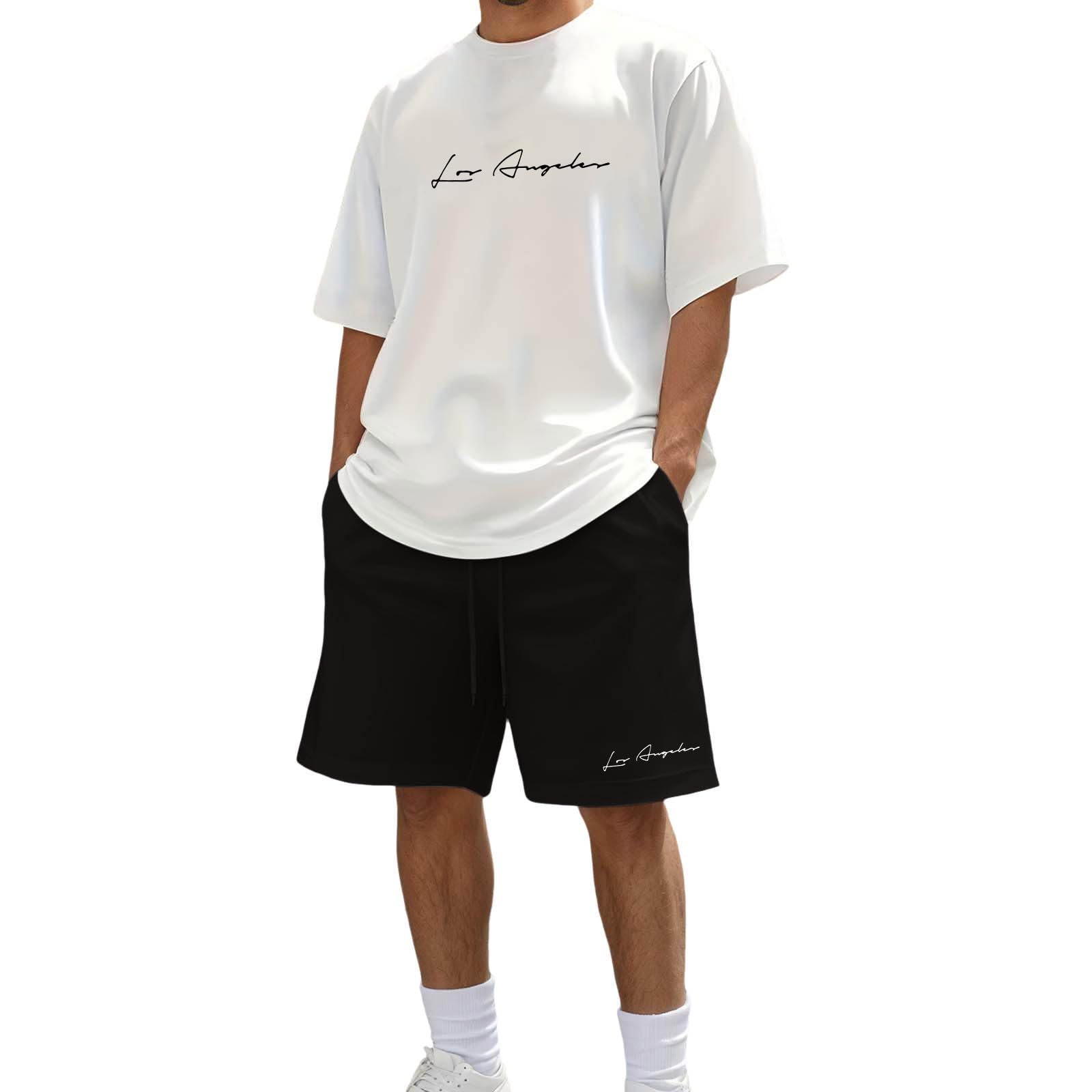 Generico Due Pezzi Tuta Uomo Estiva LOS ANGELES Firmate Completo Girocollo Camicia e Pantaloni Corti Coordinato Set di Sportivo Moda Casual Comoda Tute Per Jogging Palestra Vacanza