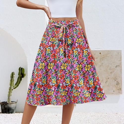 Women Summer Casual Skirts High Waist Trendy Loose Flowy Midi A-Line Skirt with Pockets Floral3