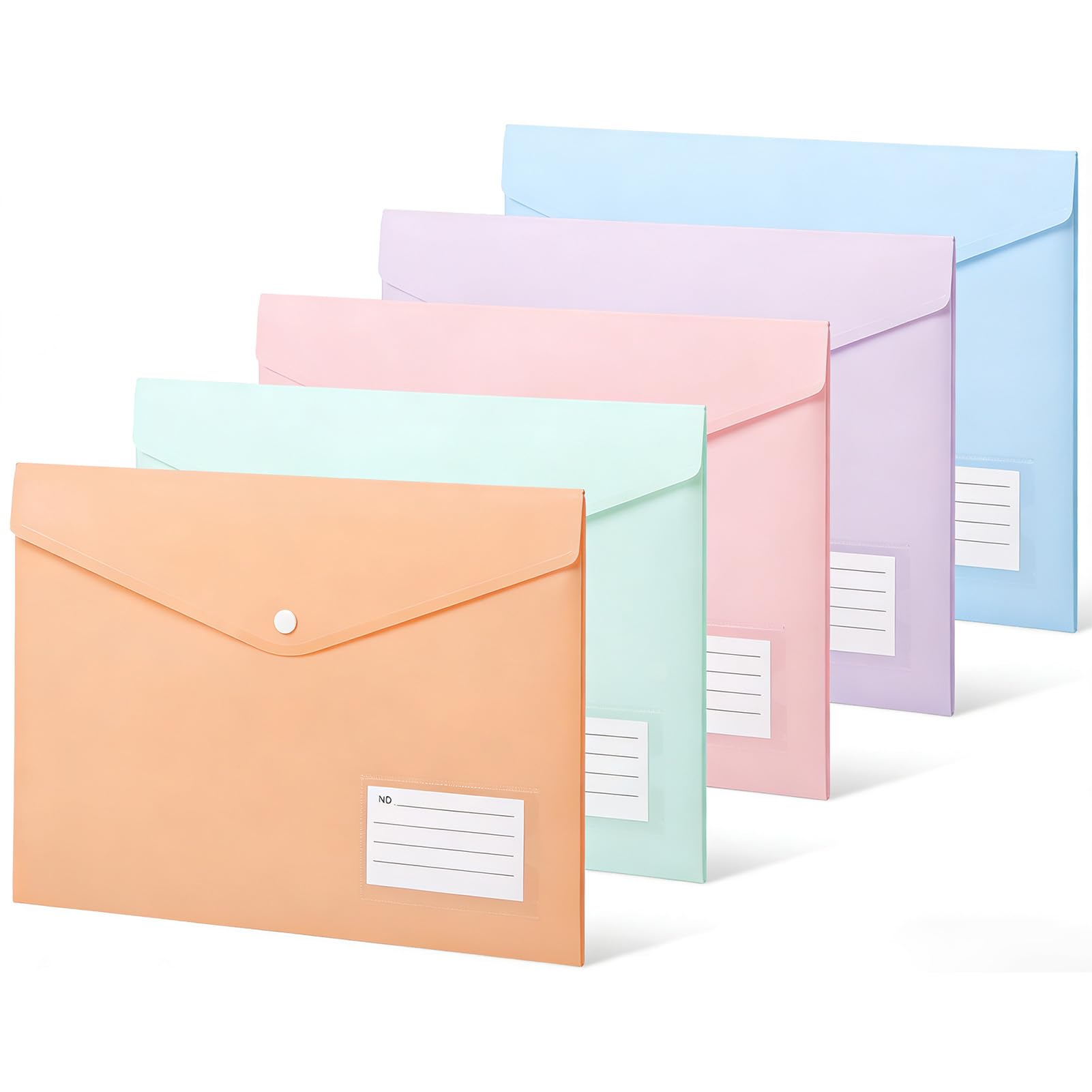 10 sobres A4 transparentes de plástico con botón de presión, para etiquetas y tarjetas de visita, ideales para suministros de oficina y tareas (5 colores)