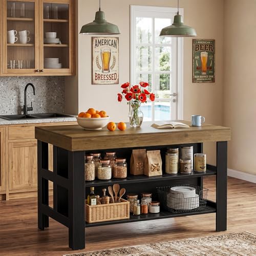 Tribesigns 55.1-Inch Kitchen Island with Seating and Storage, 3-Tier Large Farmhouse Island Table with Large Countertop and Leg Room for Kitchen Dining Room (Brown and Black)