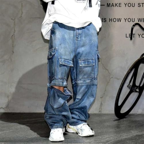 Men’S Chic Straight Fit Distressed Baggy Detachable Denim Cargo Pants Full Length Button Fly Midweight Multi Pocket2