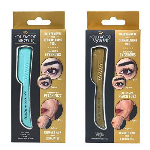 HOLLYWOOD BROWZER Double Dermaplane Razors for Women Face - Eyebrow Shaping, Removing Unwanted Hair & Exfoliation Tool - Turquoise Blue + Royal Gold