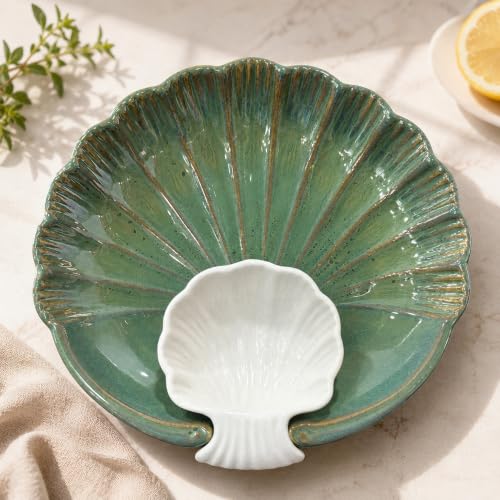 Image of The Earth Store Green Sea Shell Ceramic Platter - Microwave & Dishwasher Safe Serving Platter Ceramic | Platter Plates for Serving Snacks, Appetizers & Desserts for Home, Cafes & Restaurants
