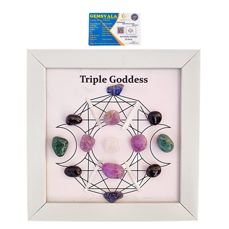 Triple Goddess Crystal Grid Framed Wall Art with Gemstones | Moon Phase Design, Tumbled Crystals, White Wood Frame, Spiritual Decor, Freestanding Display-image-24