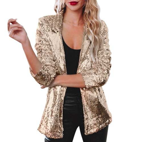 2025 - Mujeres Lentejuelas Lentejuelas Casual Manga Larga Brillo Fiesta Brillante Abrigo Rave Ropa Exterior O Abrigo Mujer 44, dorado, M
