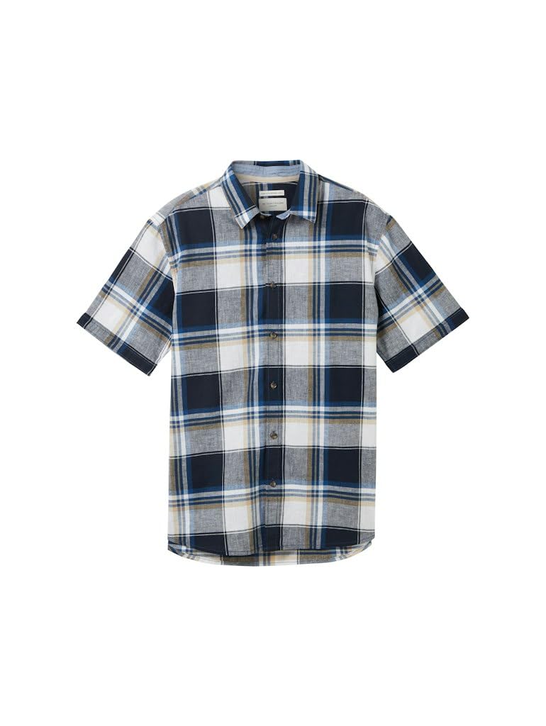 TOM TAILOR Men's Regular Fit Linen Shirt with Pattern, 34718 - Navy Linen Check