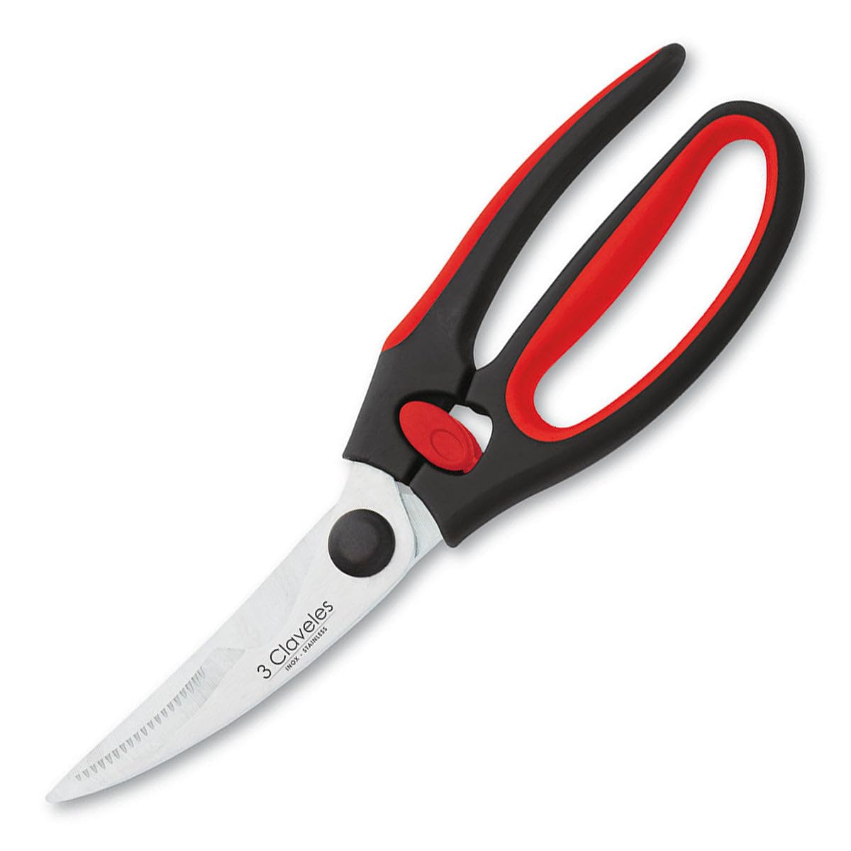3 Claveles - Tijeras trincha aves 24 cm acero inoxidable, tijera profesional para cortar aves, 9,5" dedal rojo y negro