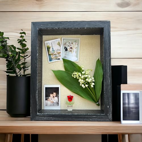 Image of Shadow Box Picture Frame 12x16 Natural Wood Display Case with Linen Back for Memorabilia, Pins, Awards, Medals, Tickets and Photos - Charcoal