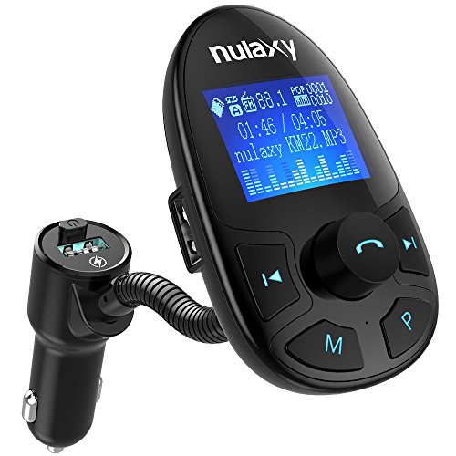 Nulaxy Bluetooth Car FM Transmitter Wireless Audio Adapter Receiver Handsfree Voltmeter Car Kit TF Card AUX USB 1.44 Display On/Off Button EQ Folder Play Mode - KM22 Black
