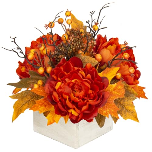 DILATATA Fall Decor Autumn Harvest Floral Centerpiece with Artificial Peony Maple Leaf and Berries Arrangement for Thanksgiving Party Mantel Fall Decor
